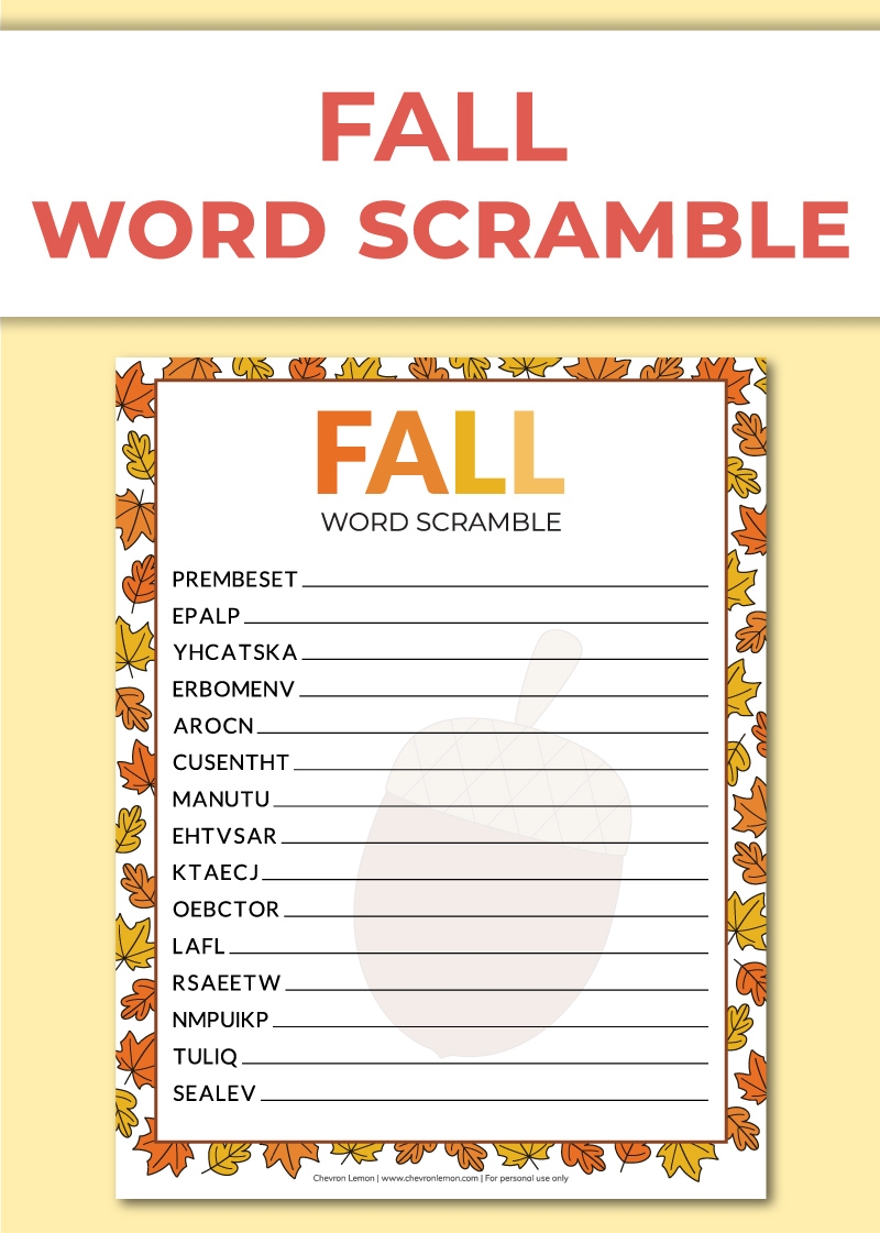 Printable Fall Word Scramble Chevron Lemon Printable Fall Word Scramble Chevron Lemon