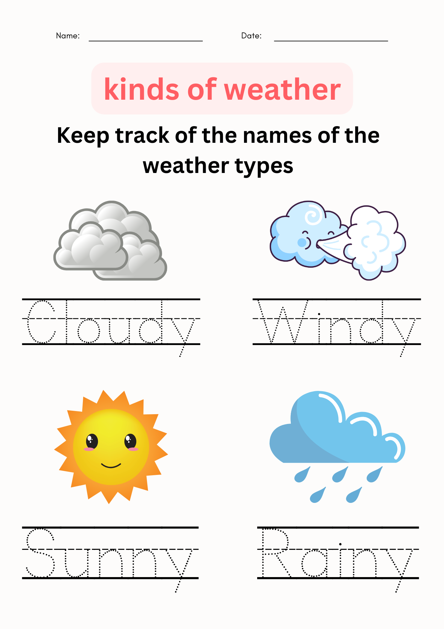 Printable Matching And Tracing Kinds Of Weather Worksheet For Grade 1 Made By Teachers