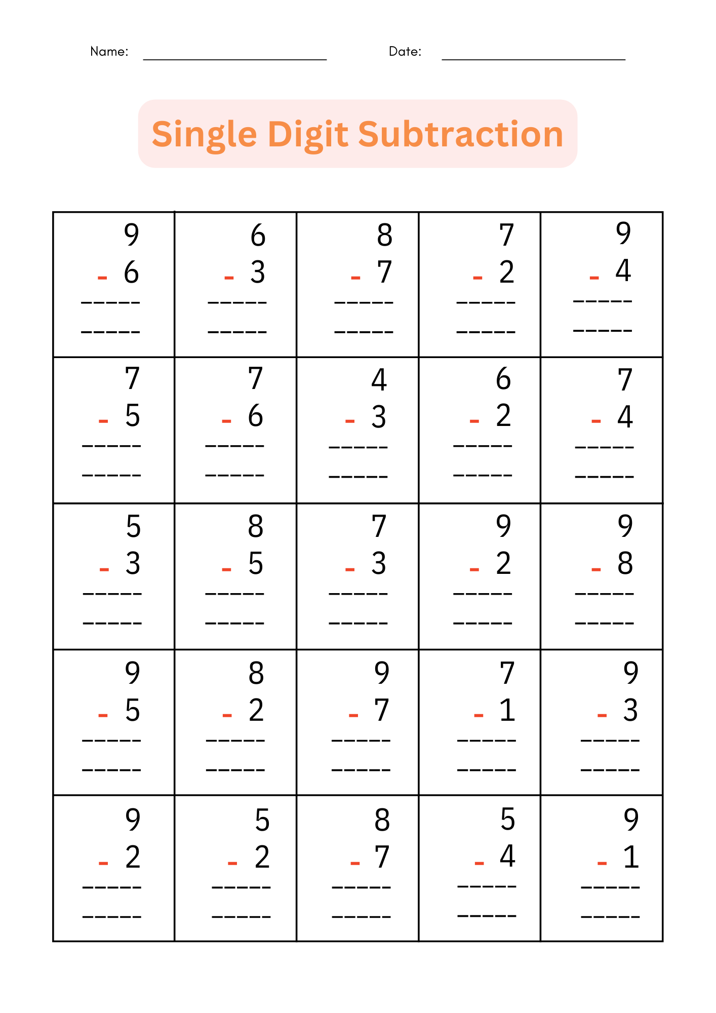 single digit subtraction worksheets