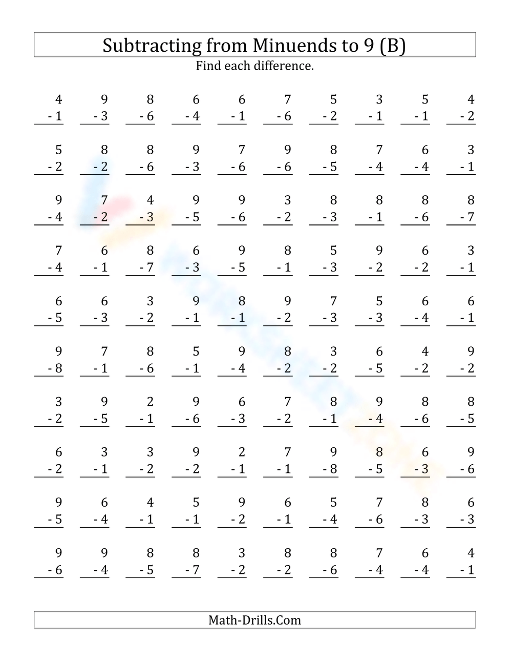 subtraction single digit