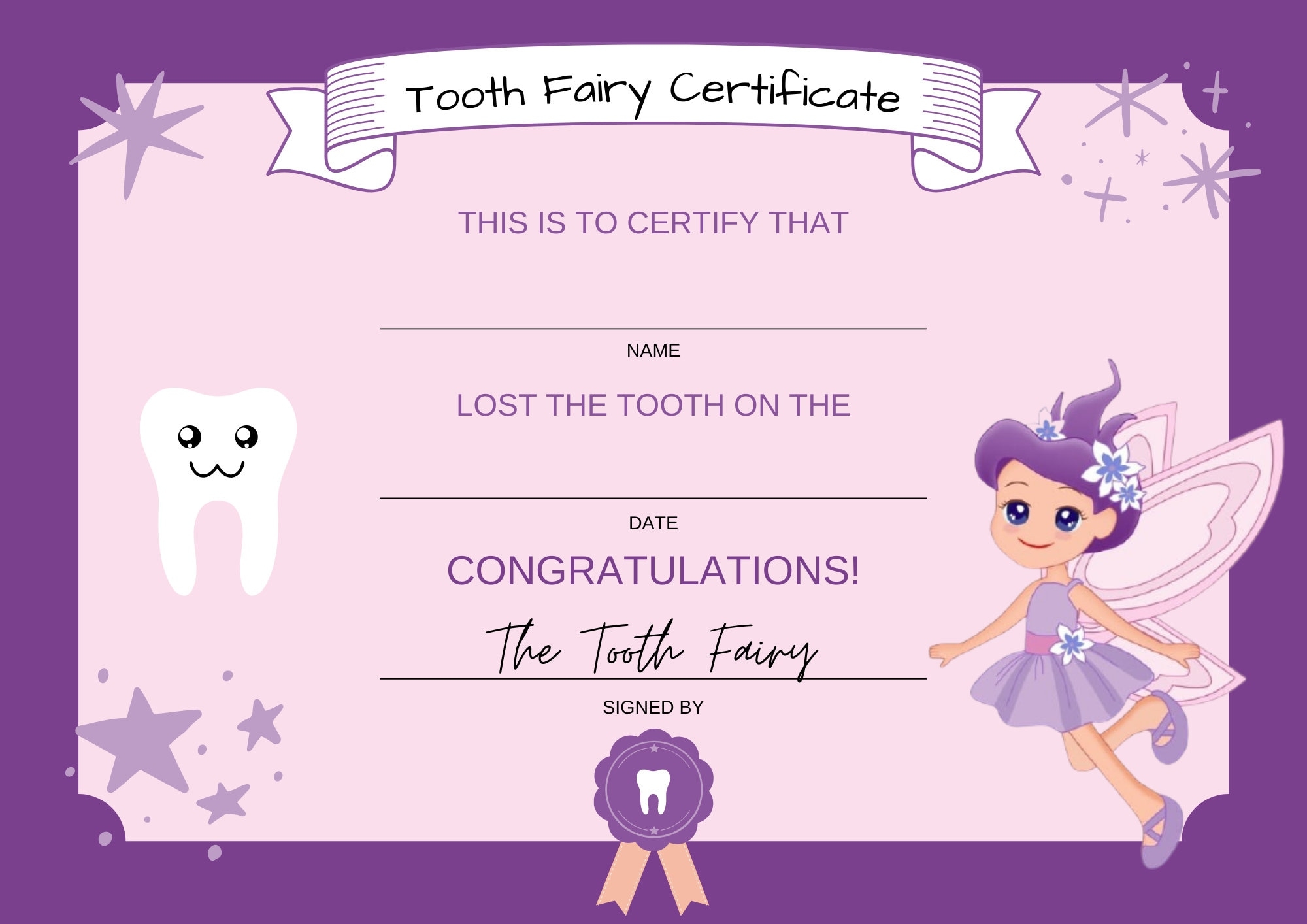 Printable Tooth Fairy Certificate Etsy