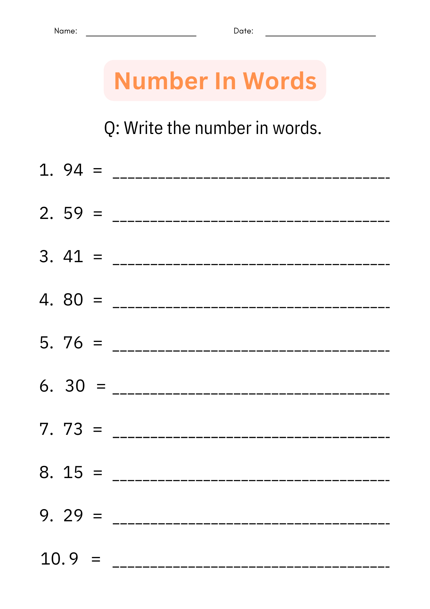 Printable Writing Number Words 1 To 100 Worksheets For Kindergarten Made By Teachers