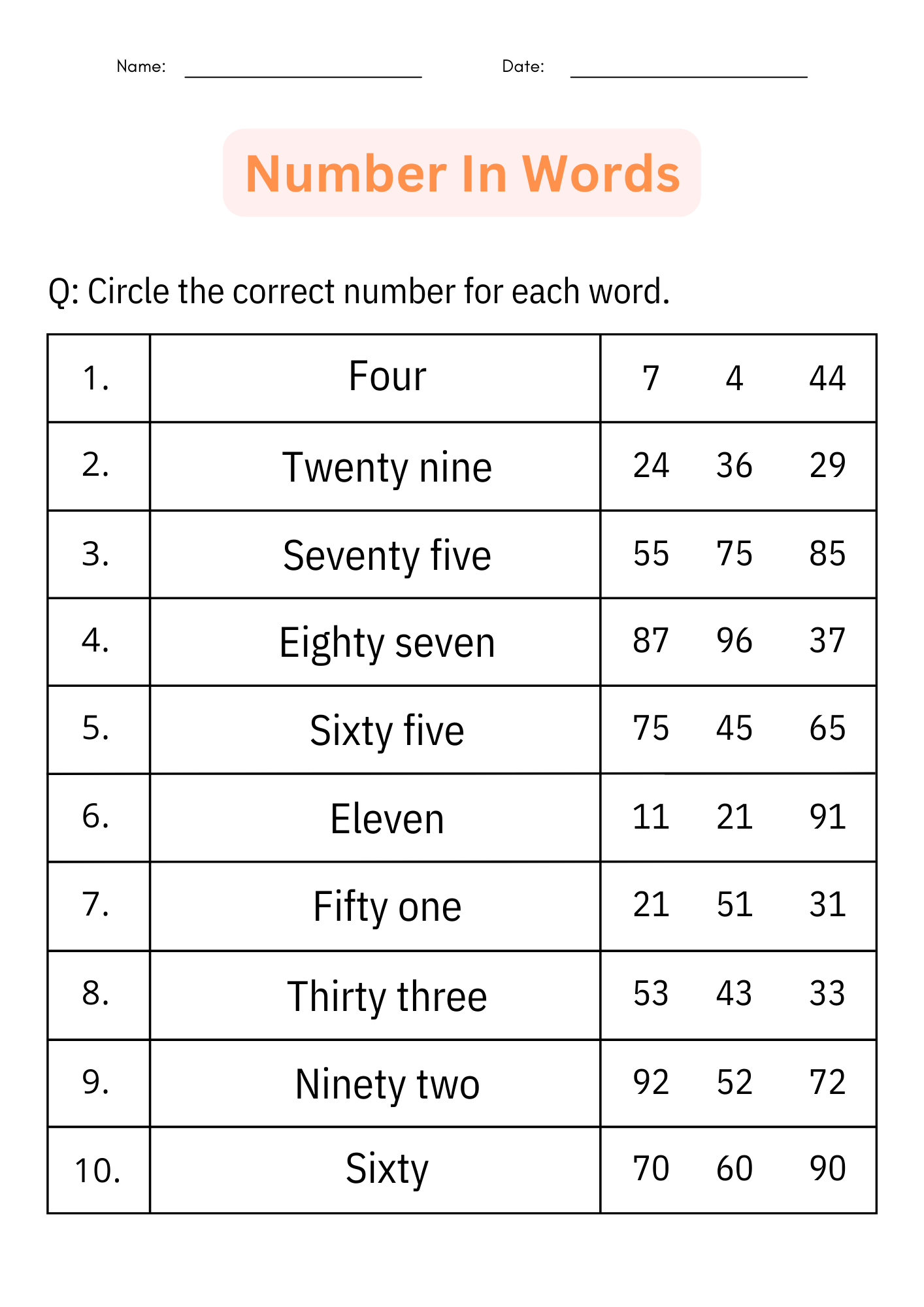 numbers and words worksheet numbers and words worksheet