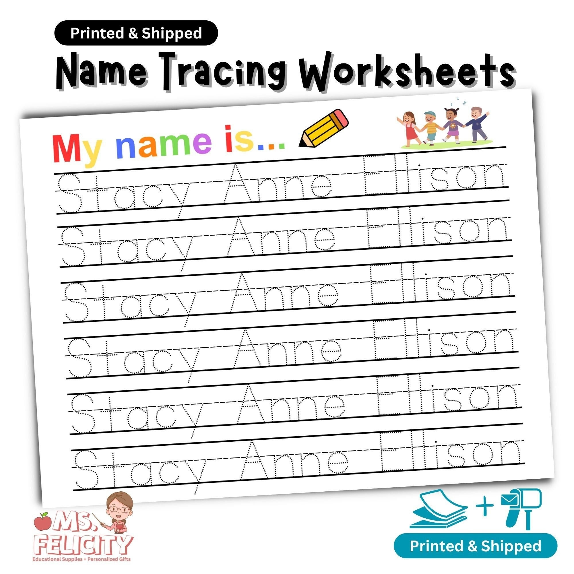 Printed And Shipped Name Tracing Worksheet Custom Trace Sheet Preschool Homeschool Kindergarten Personalized Handwriting Dry Erase Practice