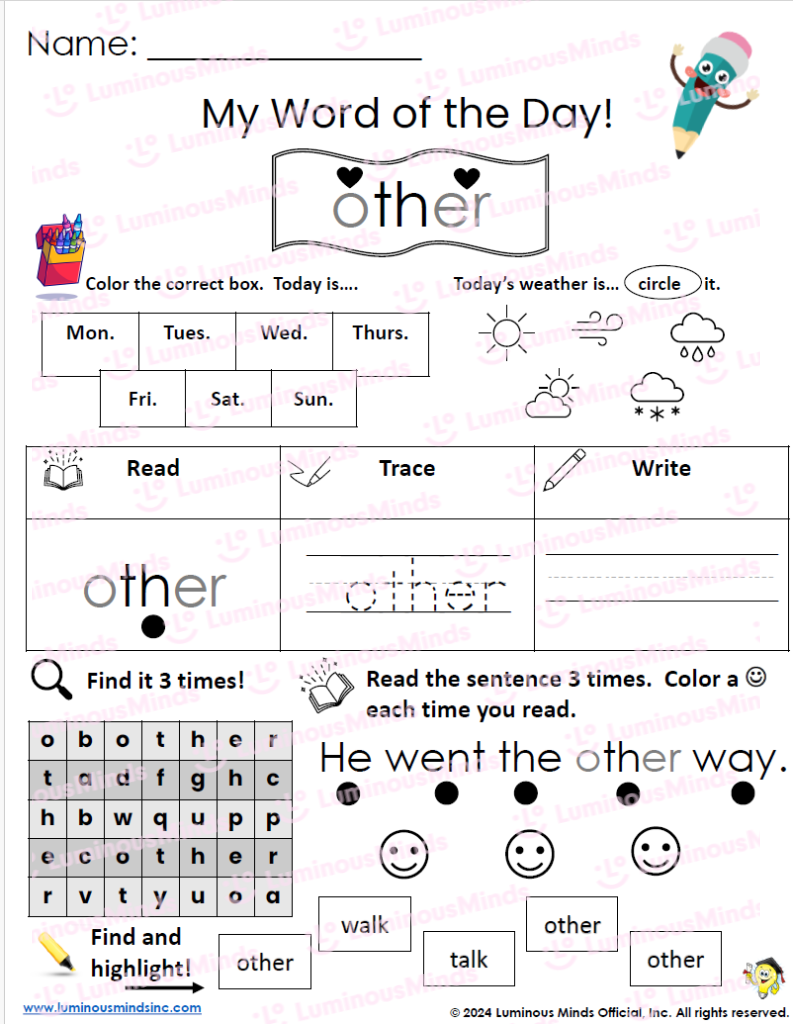 sight word with worksheet