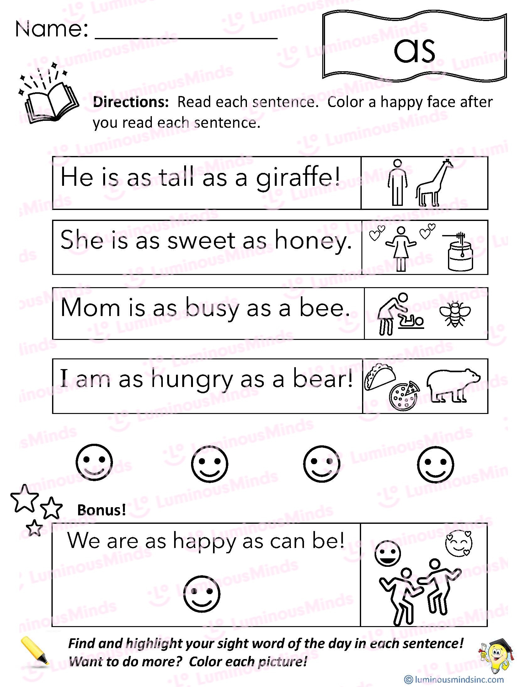 Reading Comprehension Worksheets Reading With Sight Word As