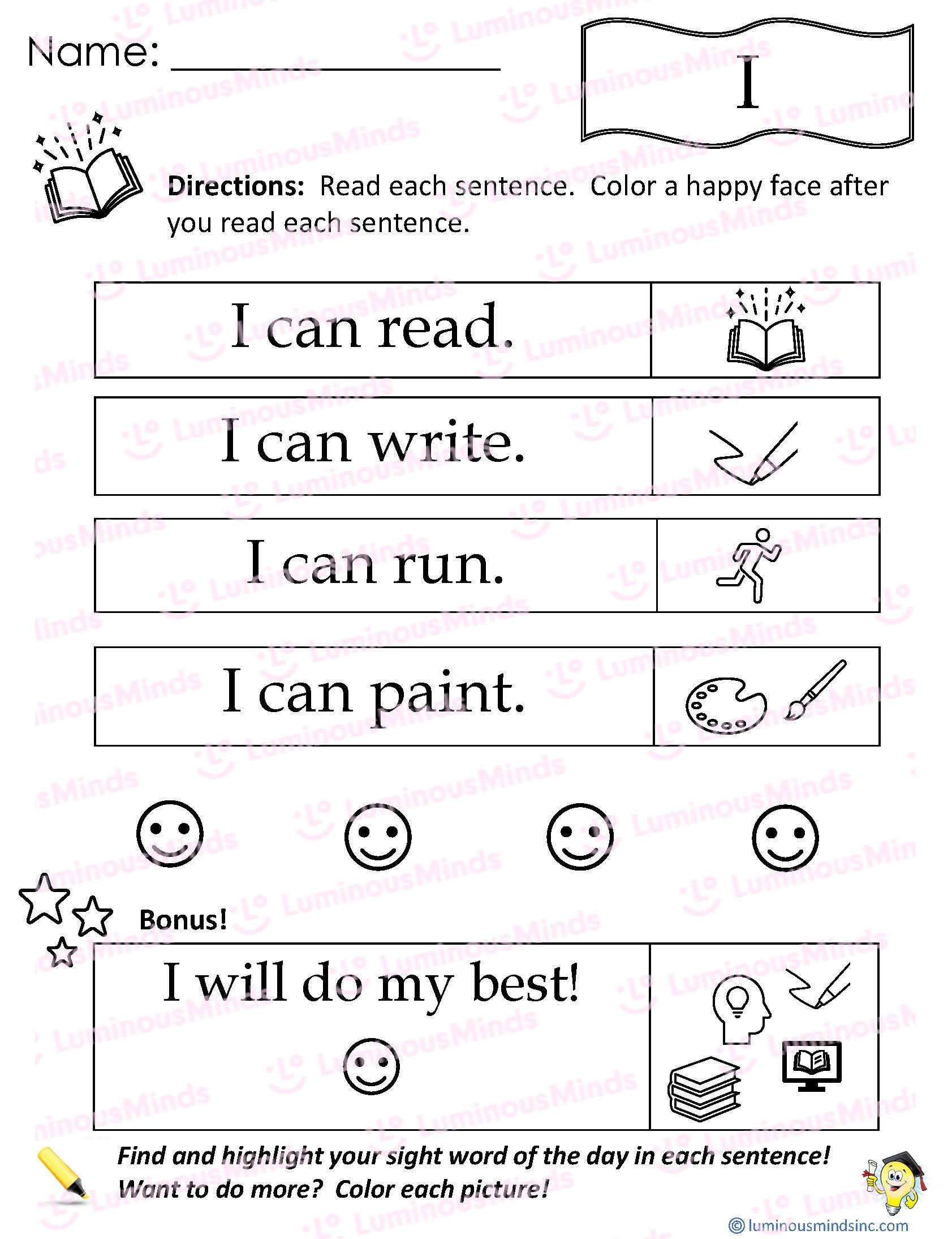 Reading Comprehension Worksheets Reading With Sight Word I