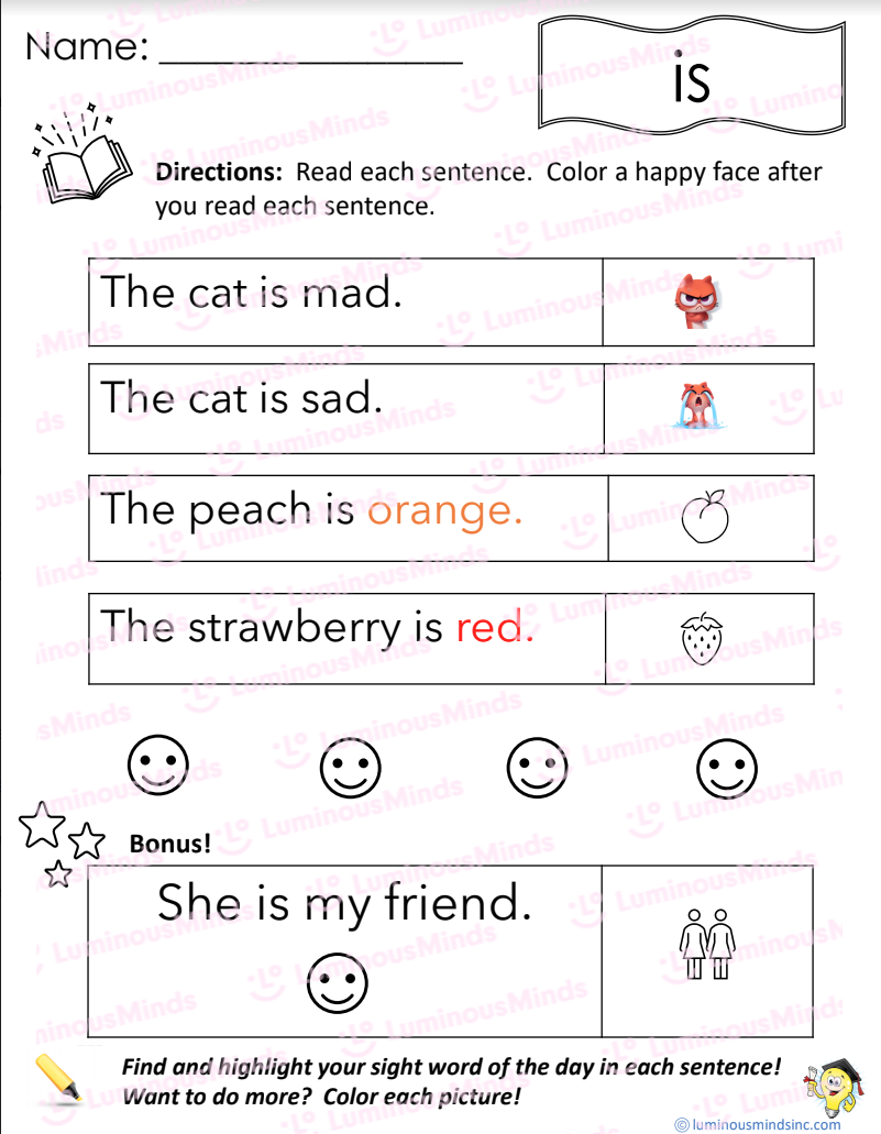 Reading Comprehension Worksheets Reading With Sight Word Is
