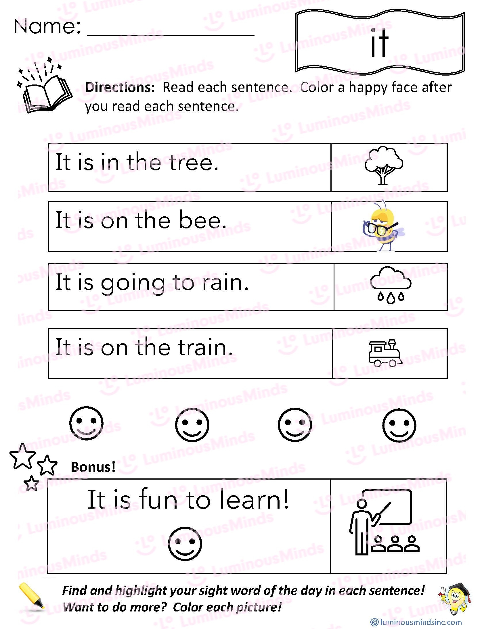 Reading Comprehension Worksheets Reading With Sight Word It