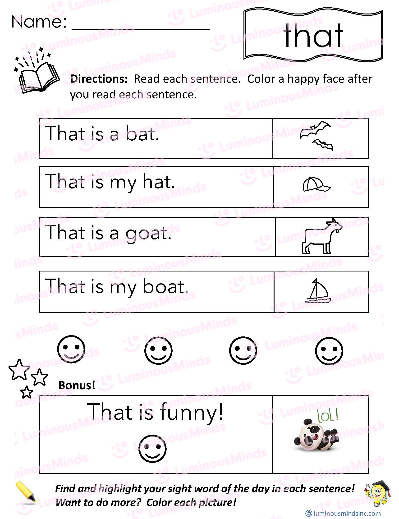 Reading Comprehension Worksheets Reading With Sight Word That