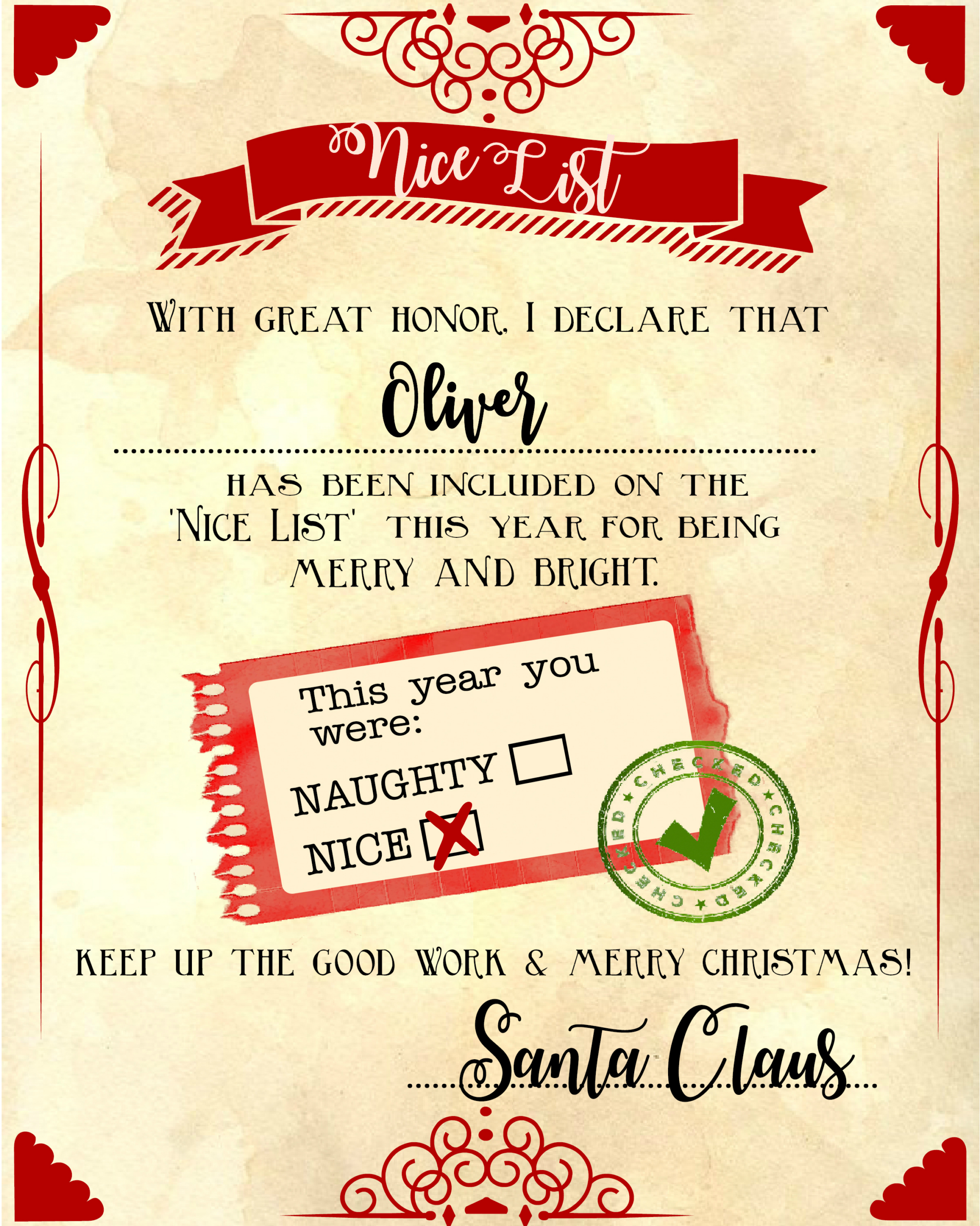 Santa nice List Free Printable Certificate