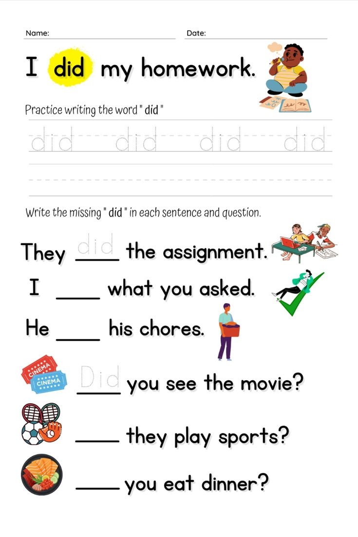 Sight Word Verb Did Tracing Practice ESL Worksheet