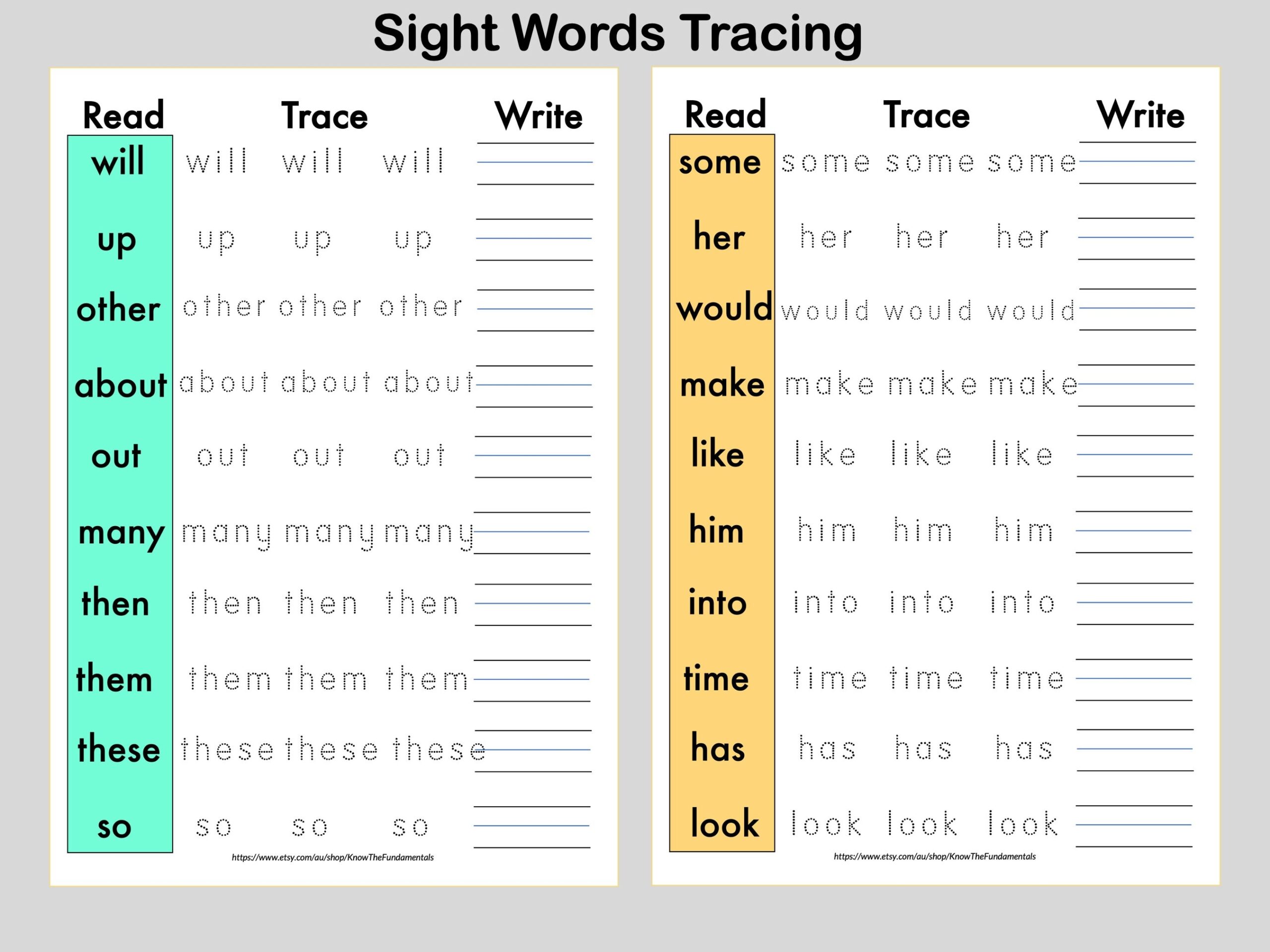Sight Words Tracing Worksheets High Frequency Words Printable Poster For Kindergarten Homeschooling Learn To Read And Write Resources Etsy