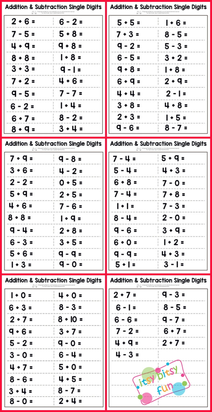 Single Digit Addition And Subtraction Worksheet Itsy Bitsy Fun