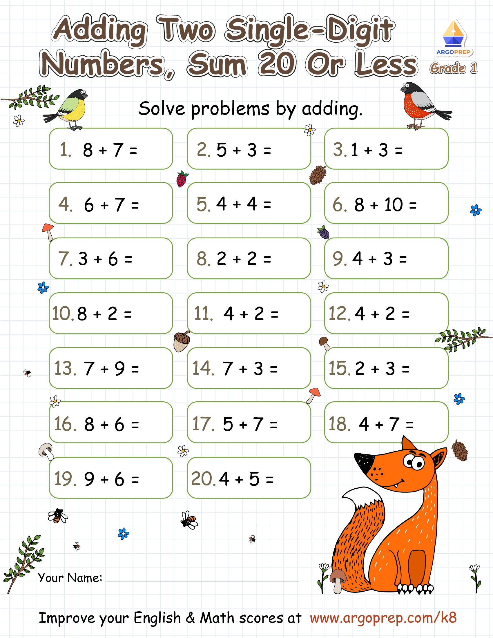 Single Digit Addition With Sneaky Fox ArgoPrep