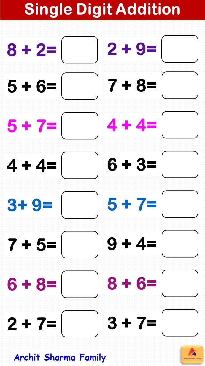 Single Digit Addition Worksheet