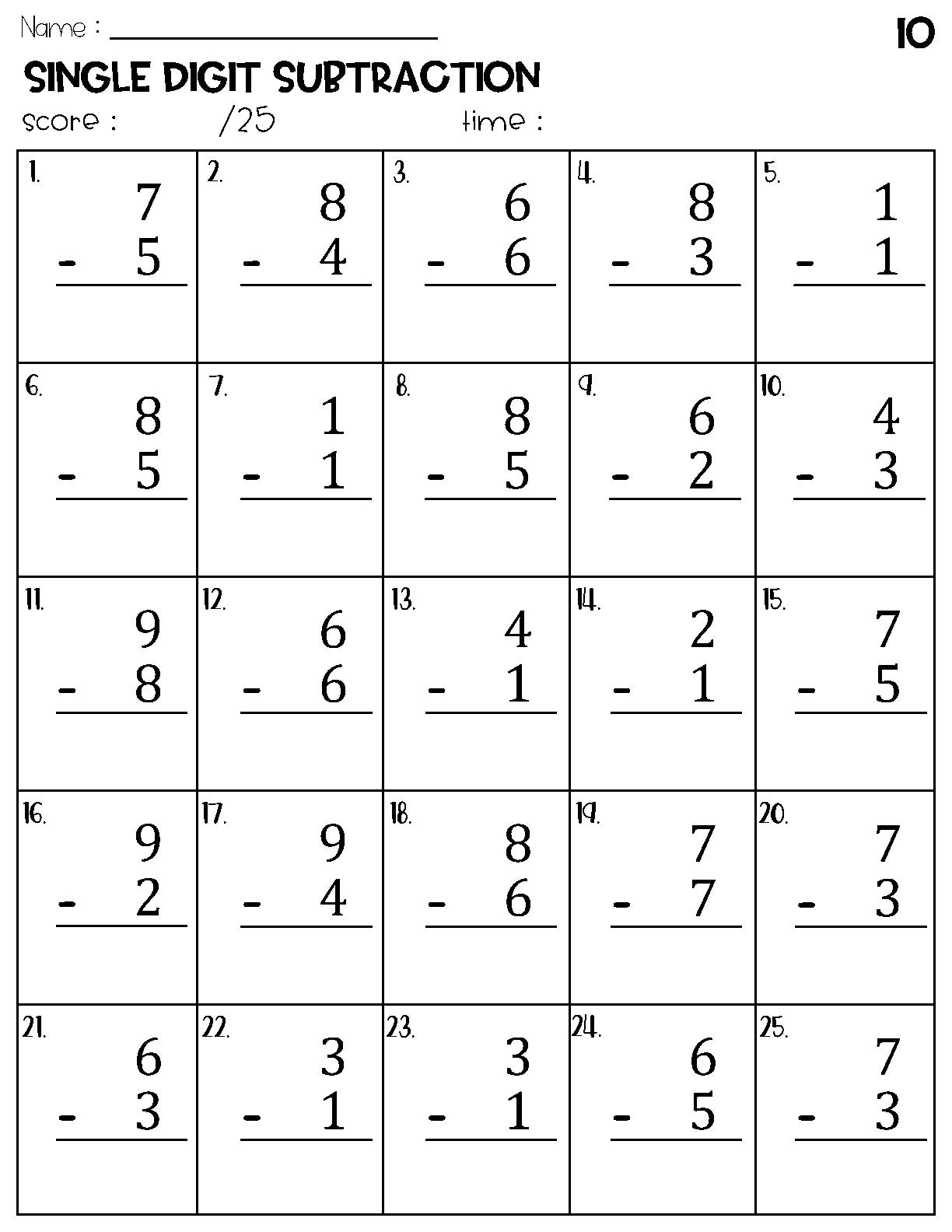 Single Digit Subtraction Worksheets Etsy