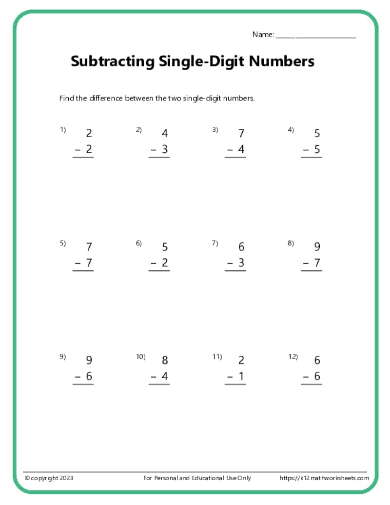 Single Digit Subtraction Worksheets K12 Math Worksheets