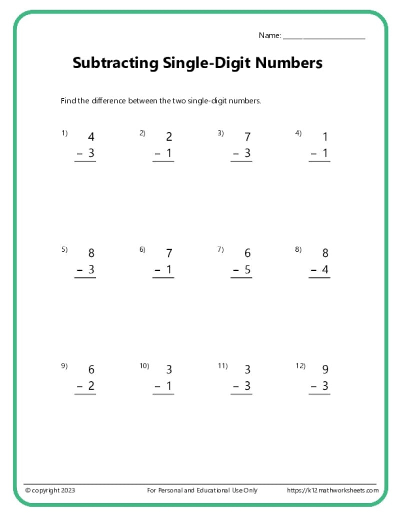 Single Digit Subtraction Worksheets K12 Math Worksheets