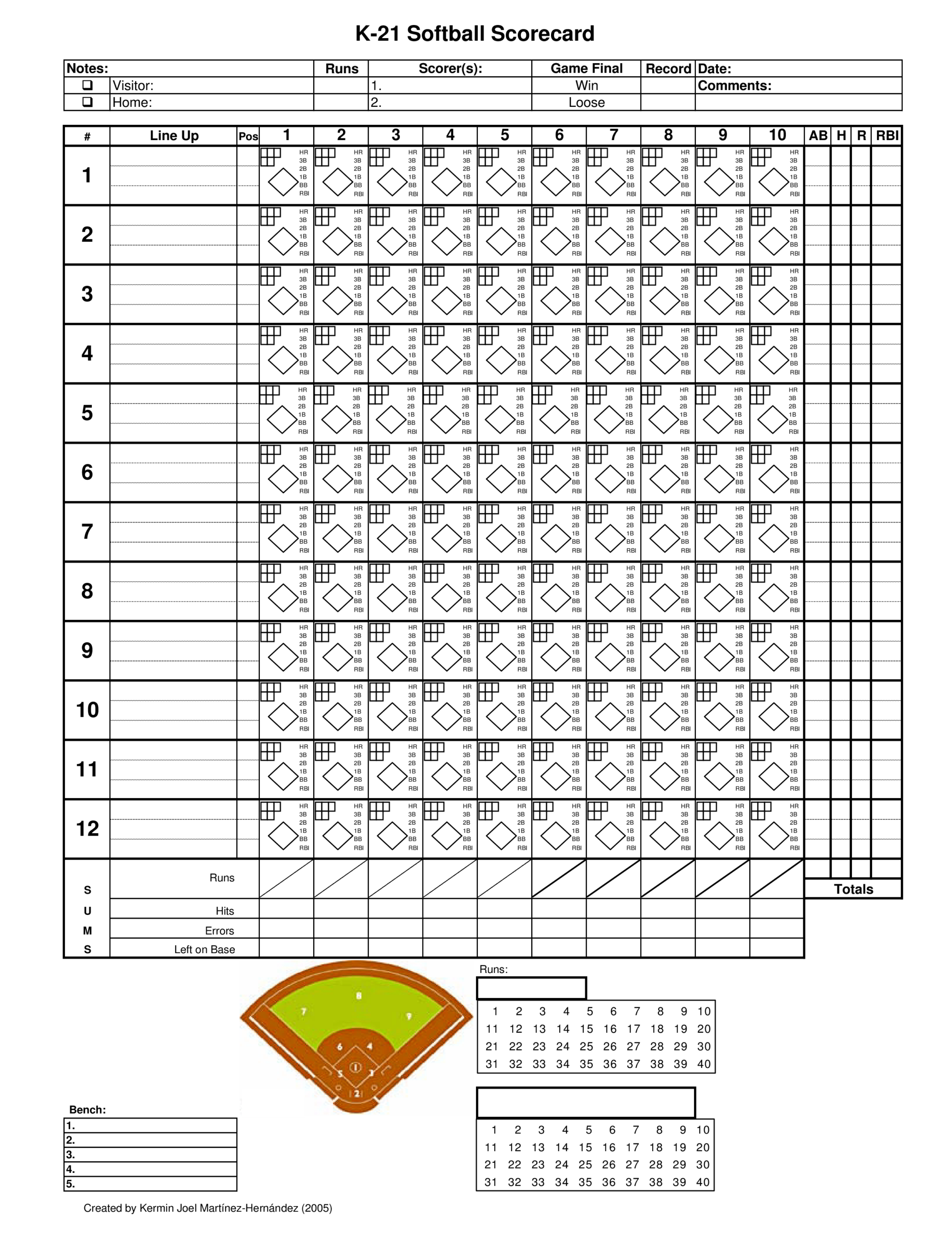 Softball Score Sheet Free Printable