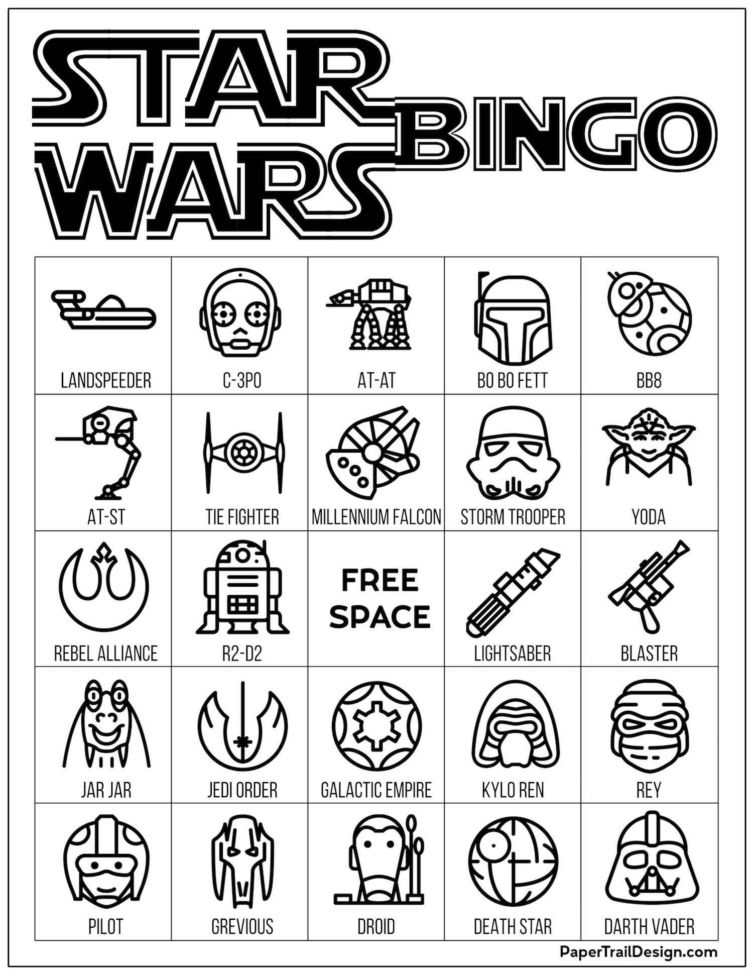 Star Wars Bingo Free Printable Party Game Paper Trail Design