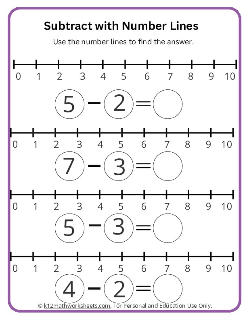 Subtract With Number Lines K12 Math Worksheets Subtract With Number Lines K12 Math Worksheets