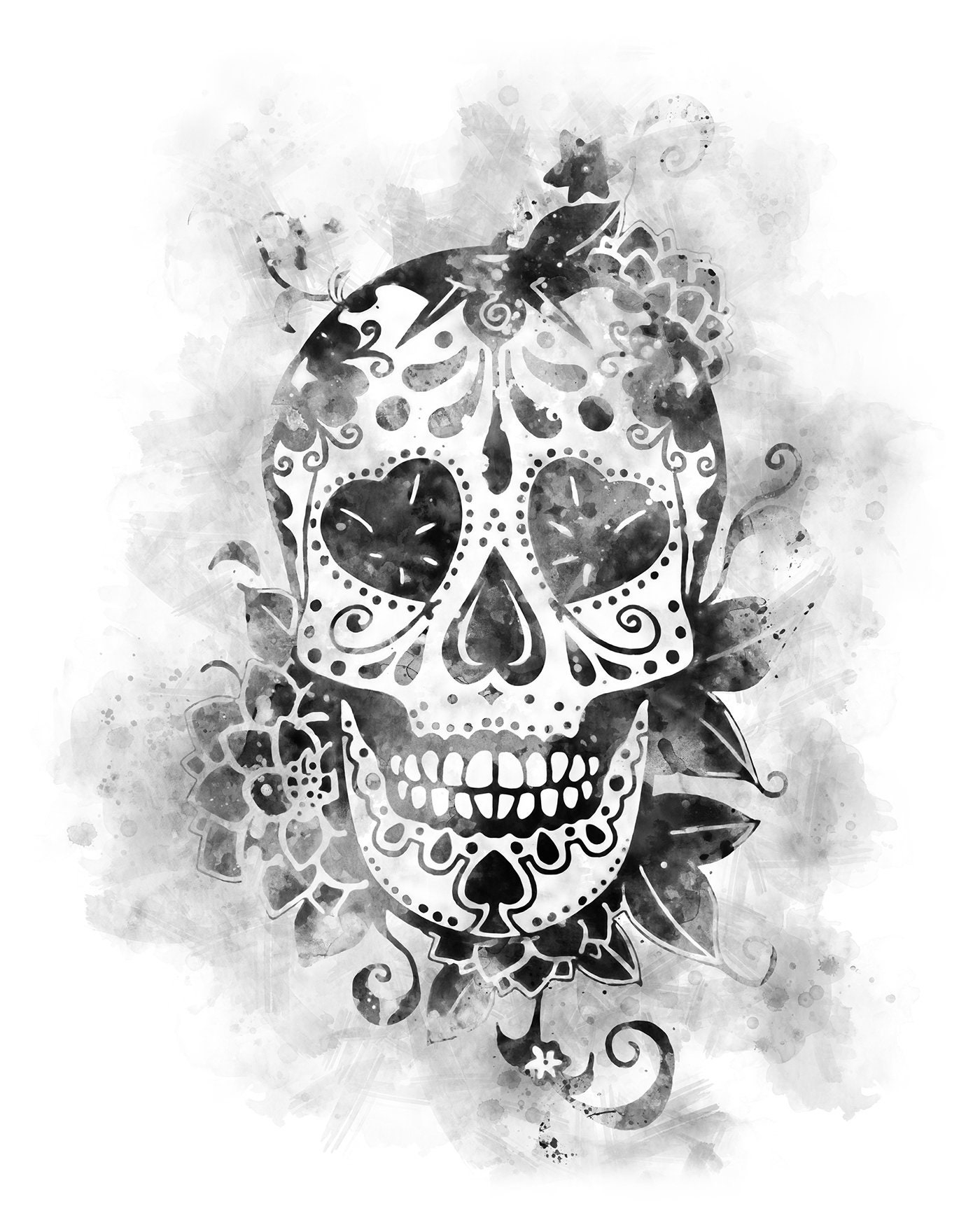 Sugar Skull Black And White Art Print Mexican Skull Day Of The Dead Watercolor Tattoo Candy Floral Skull Design Wall Art Gift Decor Download Etsy