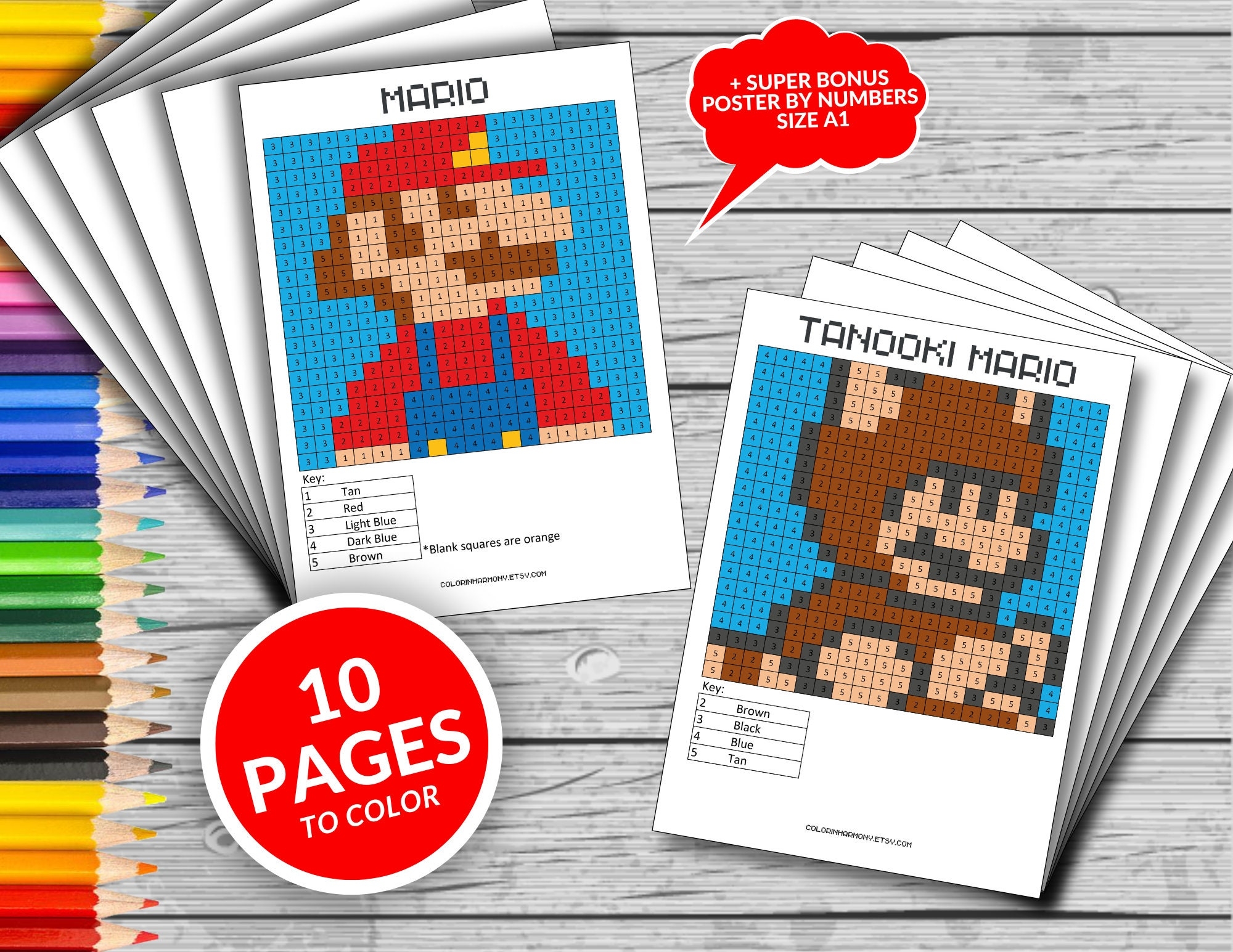 Super Mario Printable Coloring Pages Coloring By Number Super Mario Fun Game Kids Activities Fun At Home Activity Relax And Color Etsy