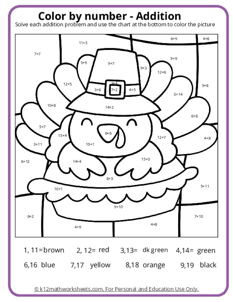 kindergarten math color worksheets