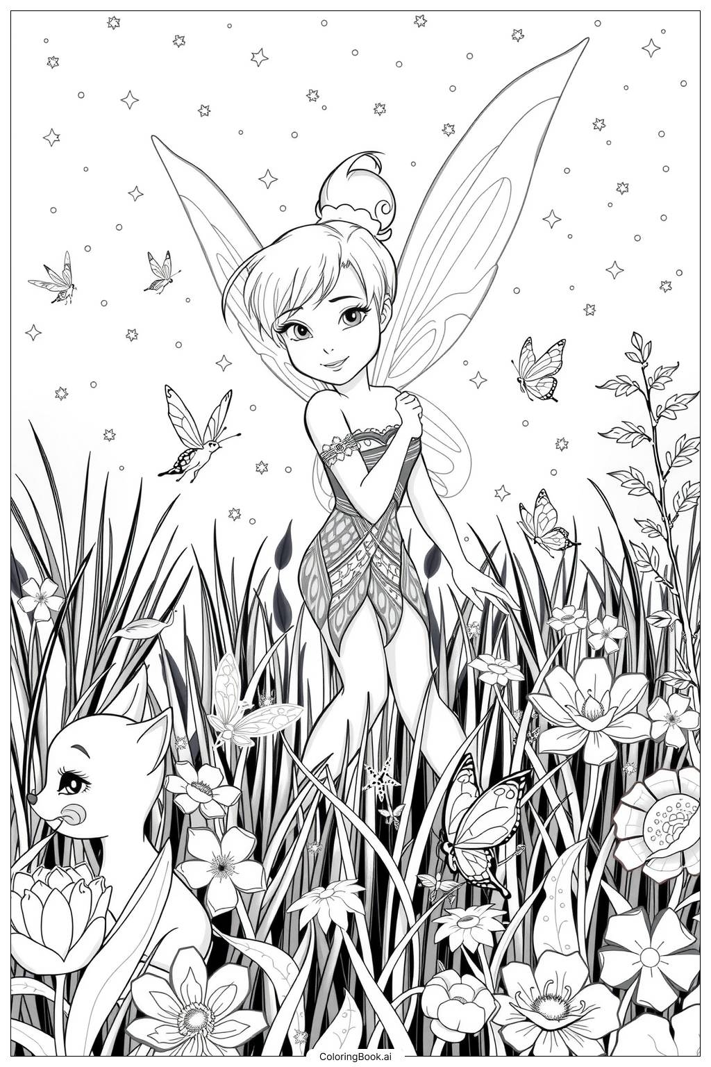 Tinkerbell Surrounded By Magical Creatures In A Sparkling Meadow 2 Coloring Page Free PDF PNG Printable 