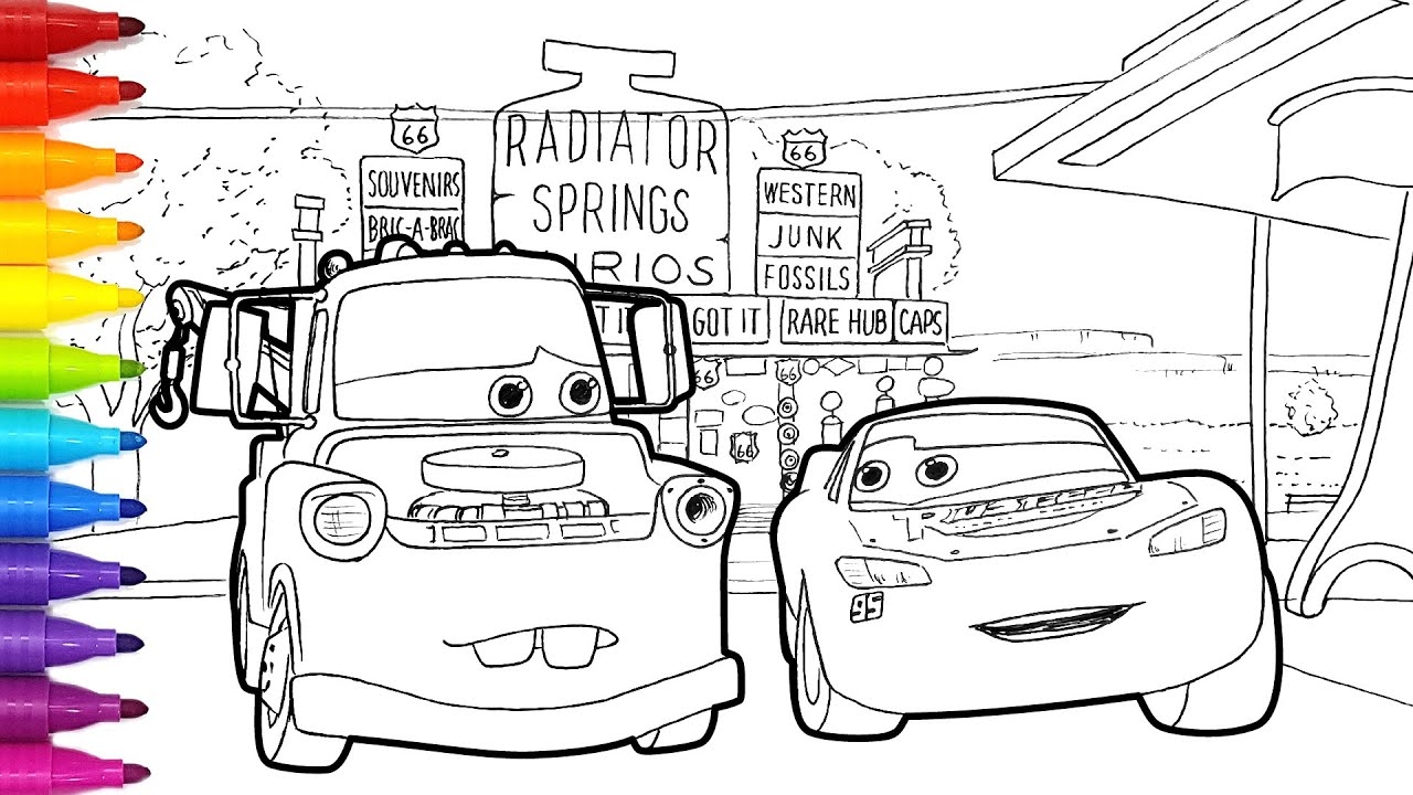 Tow Mater Lightning McQueen At Radiator Springs Curios Shop Drawing Coloring Fun Tim Tim TV YouTube