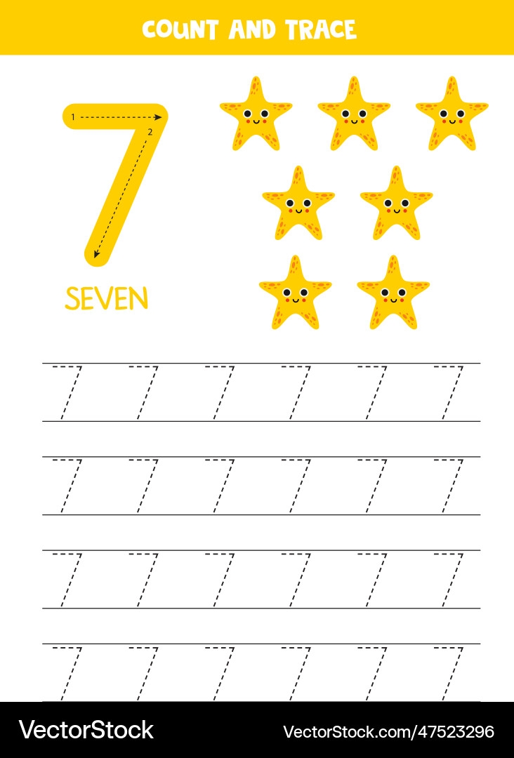 Trace Numbers Number 7 Seven Yellow Cartoon Royalty Free Vector VectorStock