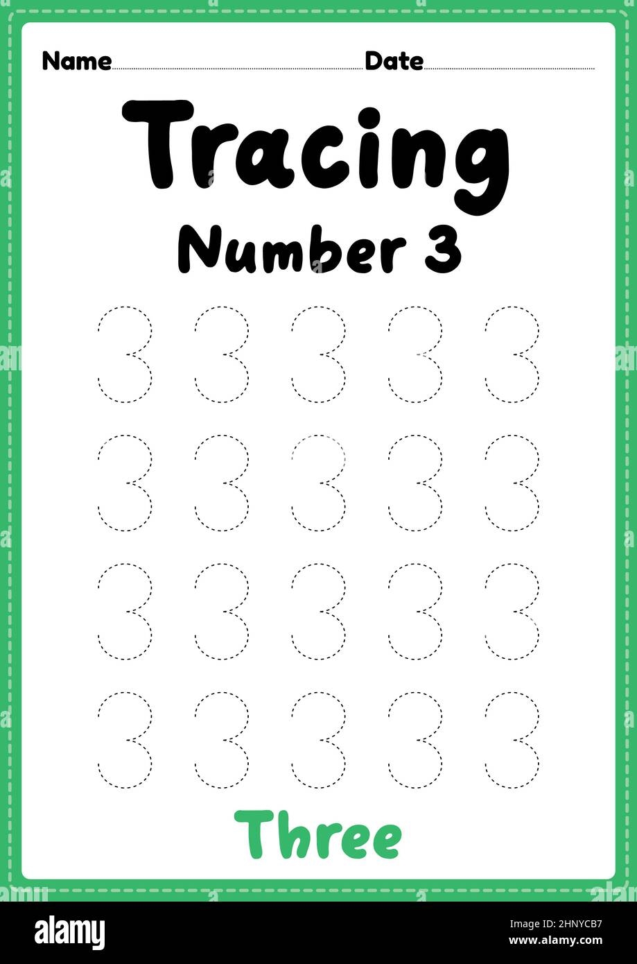 Tracing Number 3 Worksheet For Kindergarten Preschool And Montessori Kids For Learning Numbers And Handwriting Practice Activities Stock Photo Alamy