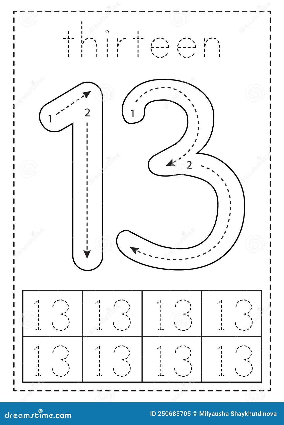 Tracing Number Thirteen Preschool Worksheet Black And White Stock Vector Illustration Of Cartoon Writing 250685705