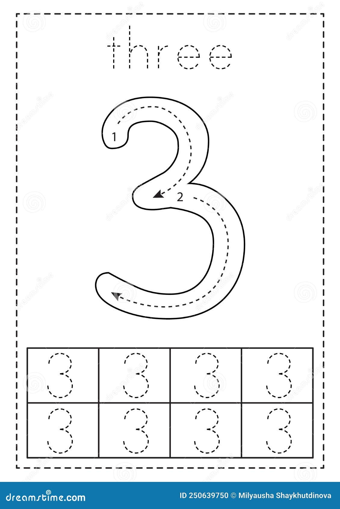 Tracing Number Three Preschool Worksheet Black And White Stock Vector Illustration Of Mathematics Three 250639750