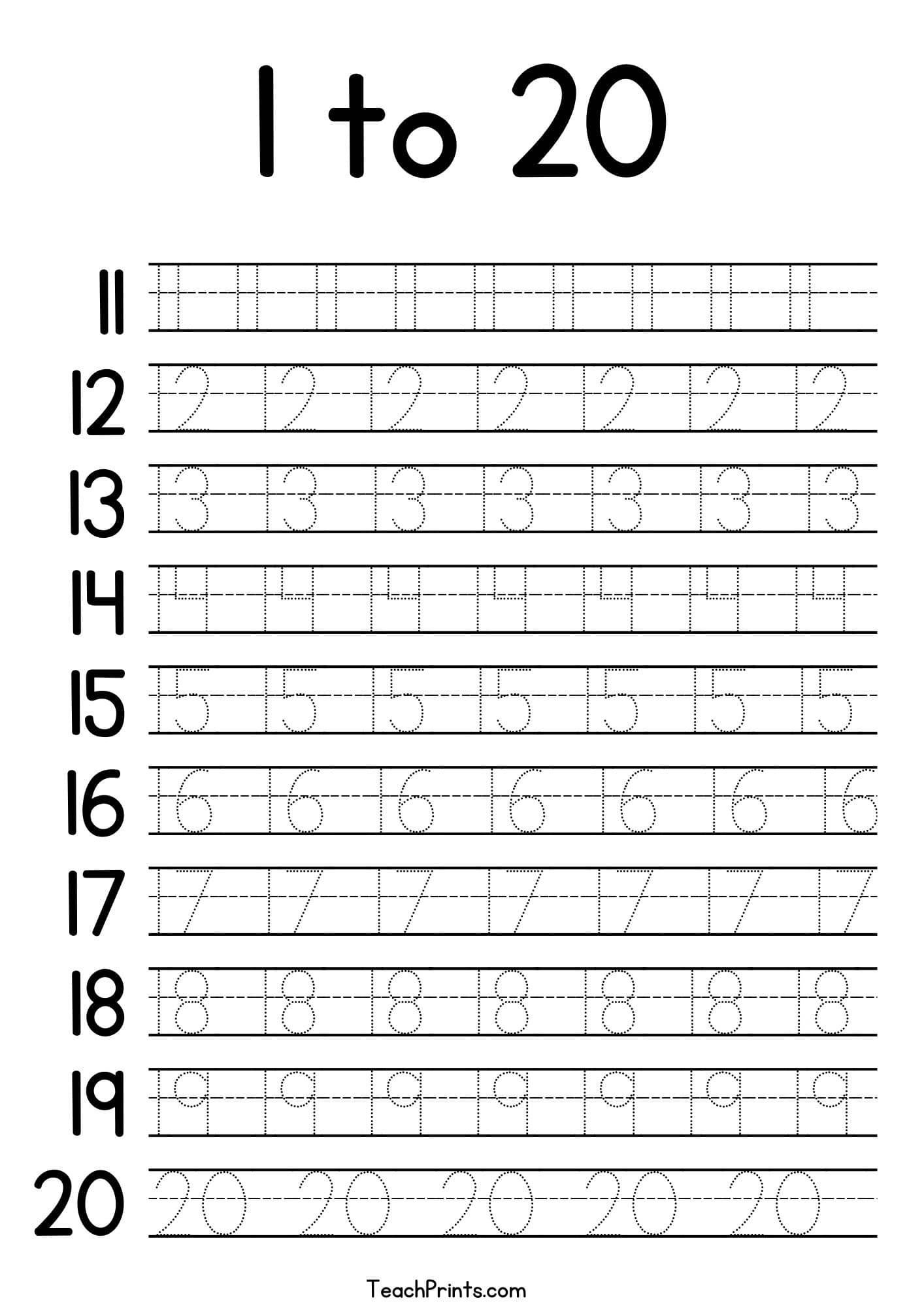 Tracing Numbers 1 20 Worksheets Free Printable Pdfs Teach Prints