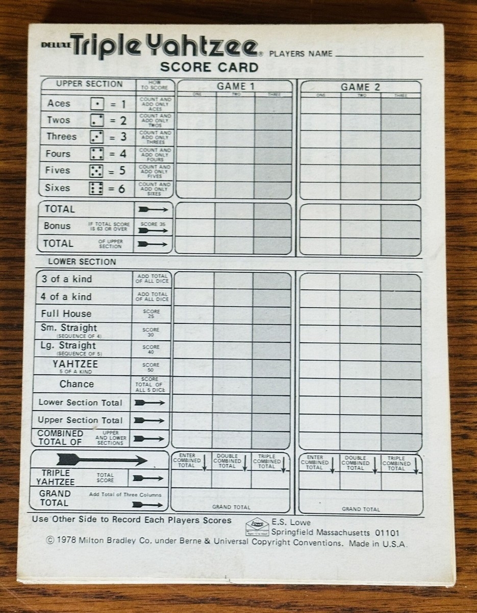 TRIPLE YAHTZEE SCORE CARDS LOT OF 78 VTG 1978 ES Lowe Replacement Milton Bradley EBay TRIPLE YAHTZEE SCORE CARDS LOT OF 78 VTG 1978 ES Lowe Replacement Milton Bradley EBay