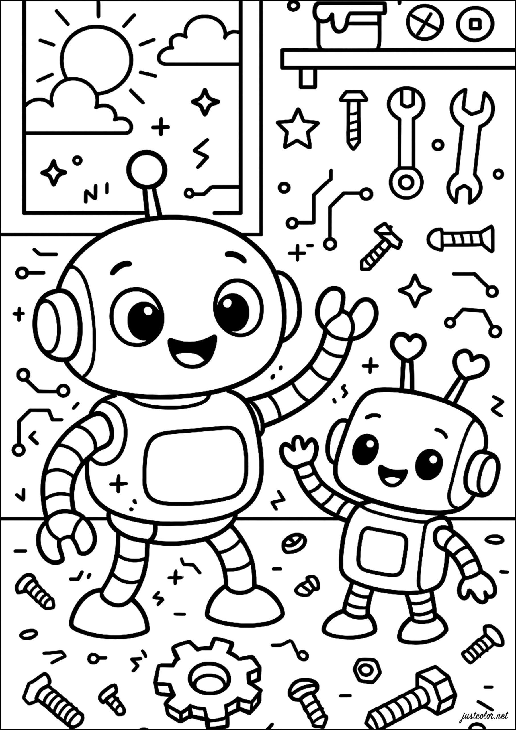 Two Robots In The Garage Robot Coloring Pages