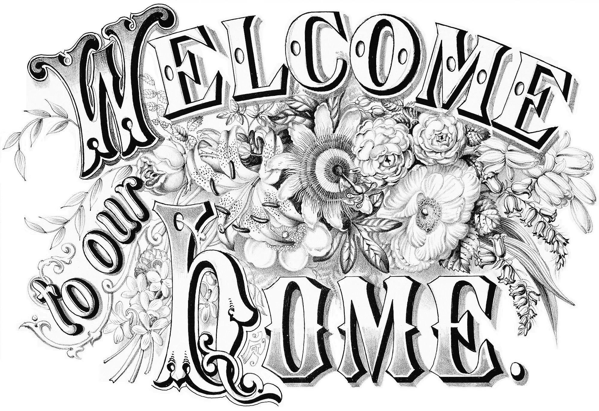 Welcome To Our Home Vintage Art Printable Coloring Page Victorian Currier Ives Fancy Flower Greeting Cottagecore Fun For Adults Kids Etsy Norway