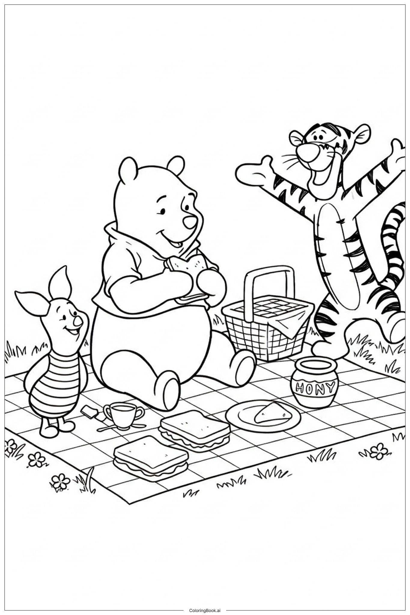 Winnie The Pooh And Friends Having A Picnic Coloring Page Free PDF PNG Printable 