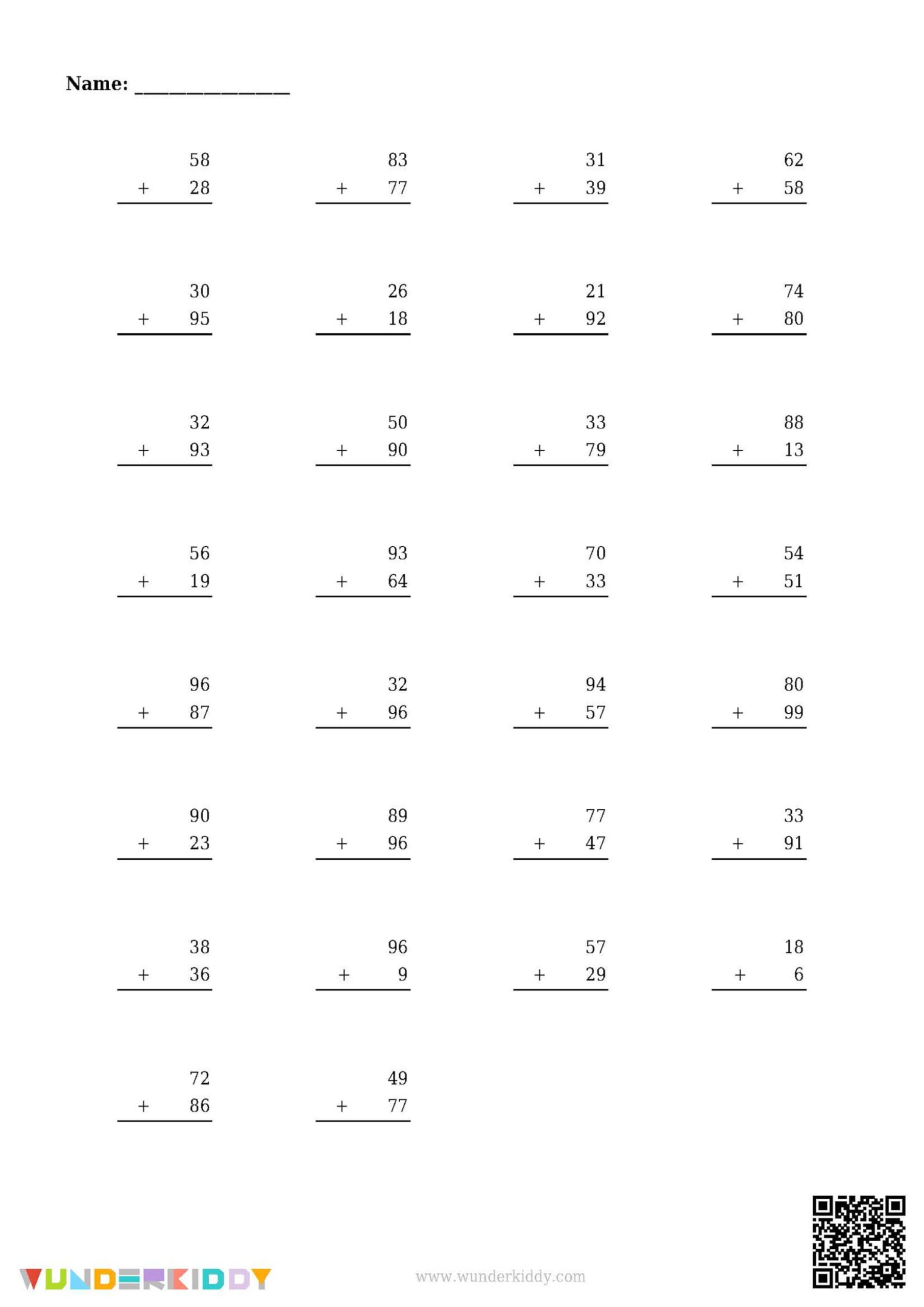 Worksheet Generator For Adding Two 2 Digit Numbers Practice
