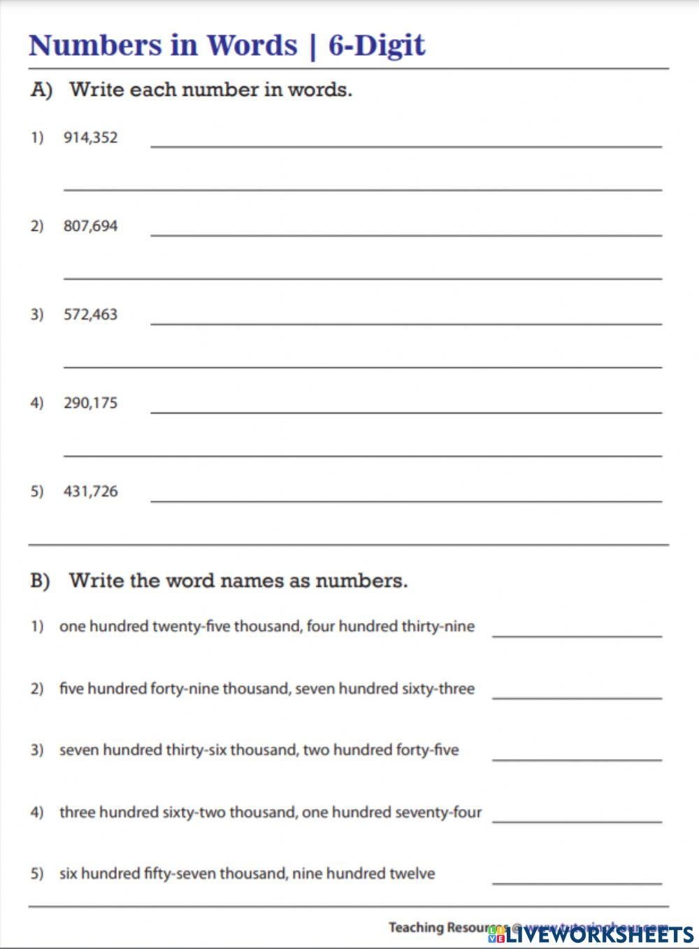 Writing Numbers In Words And In Figures Worksheet Worksheets Library