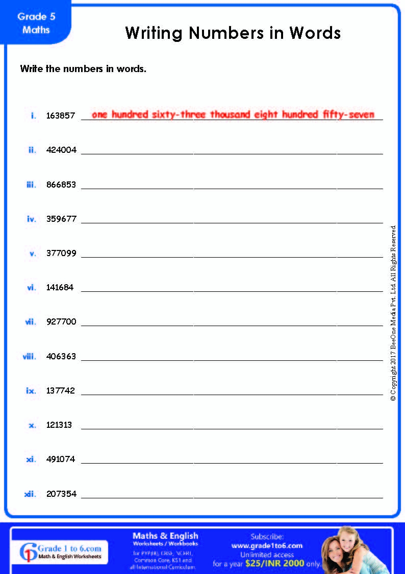 Writing Numbers In Words Worksheet Grade1to6