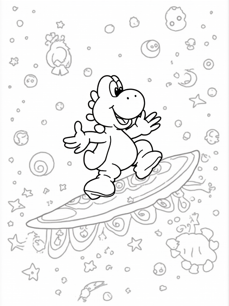 Yoshi Surfing On A Cosmic Wave Coloring Page Free Printable