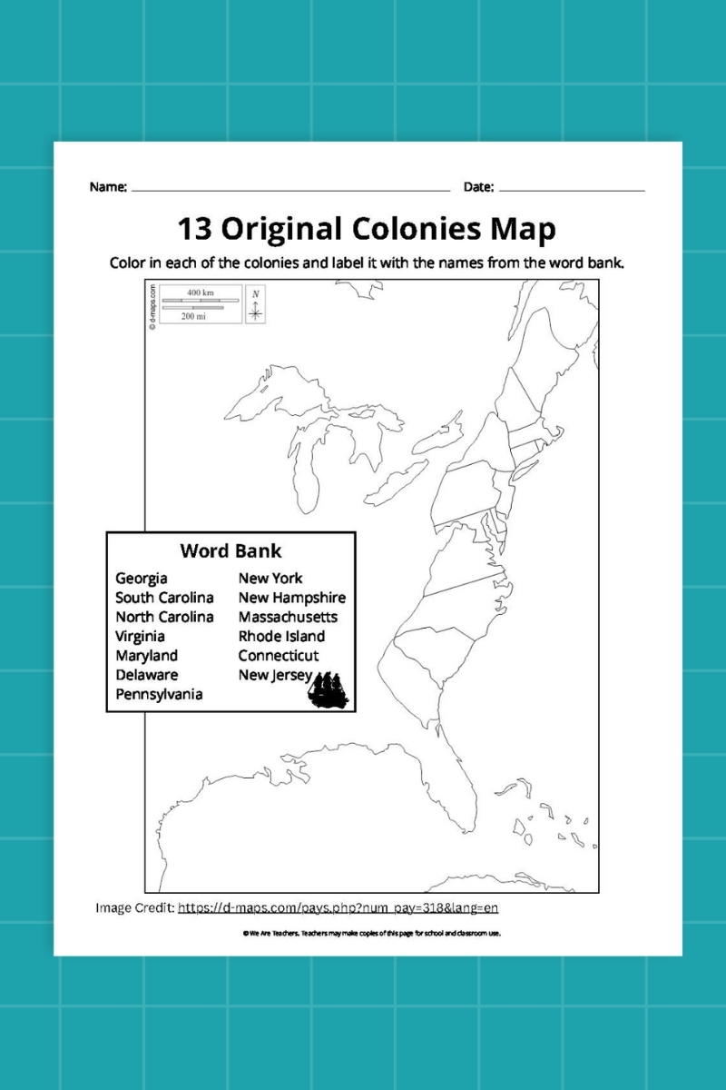 13 colonies map printable blank