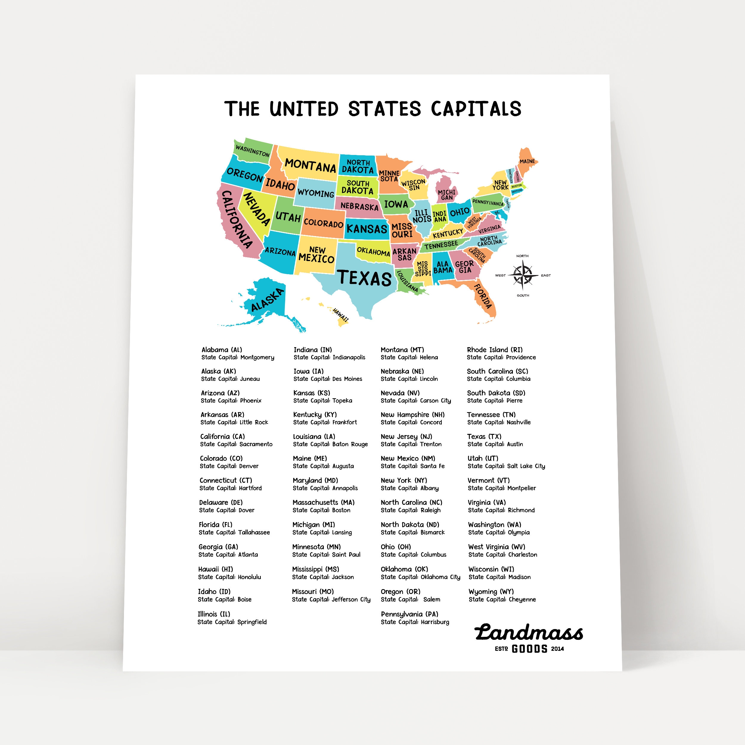 18x24 United States Map With Capitals For Kids Educational Homeschool Classroom Daycare Decor Wall Art Poster Print Etsy