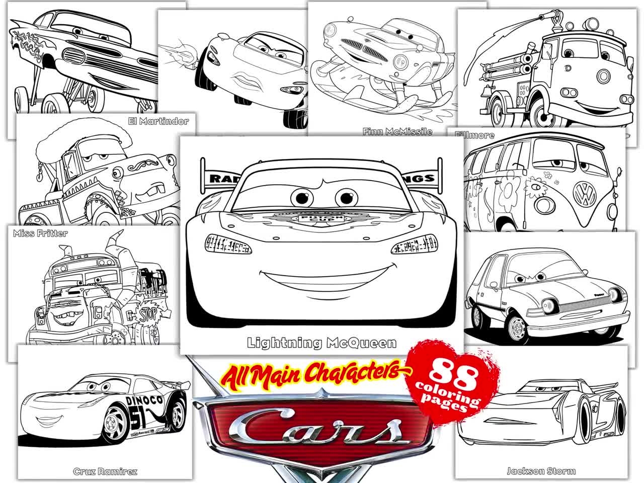 Cars Coloring Book Cars Characters Birthday Coloring Book Cars Lighting Mcqueen Tow Mater Birthday Coloring Book Cars Colouring Pages PDF Etsy