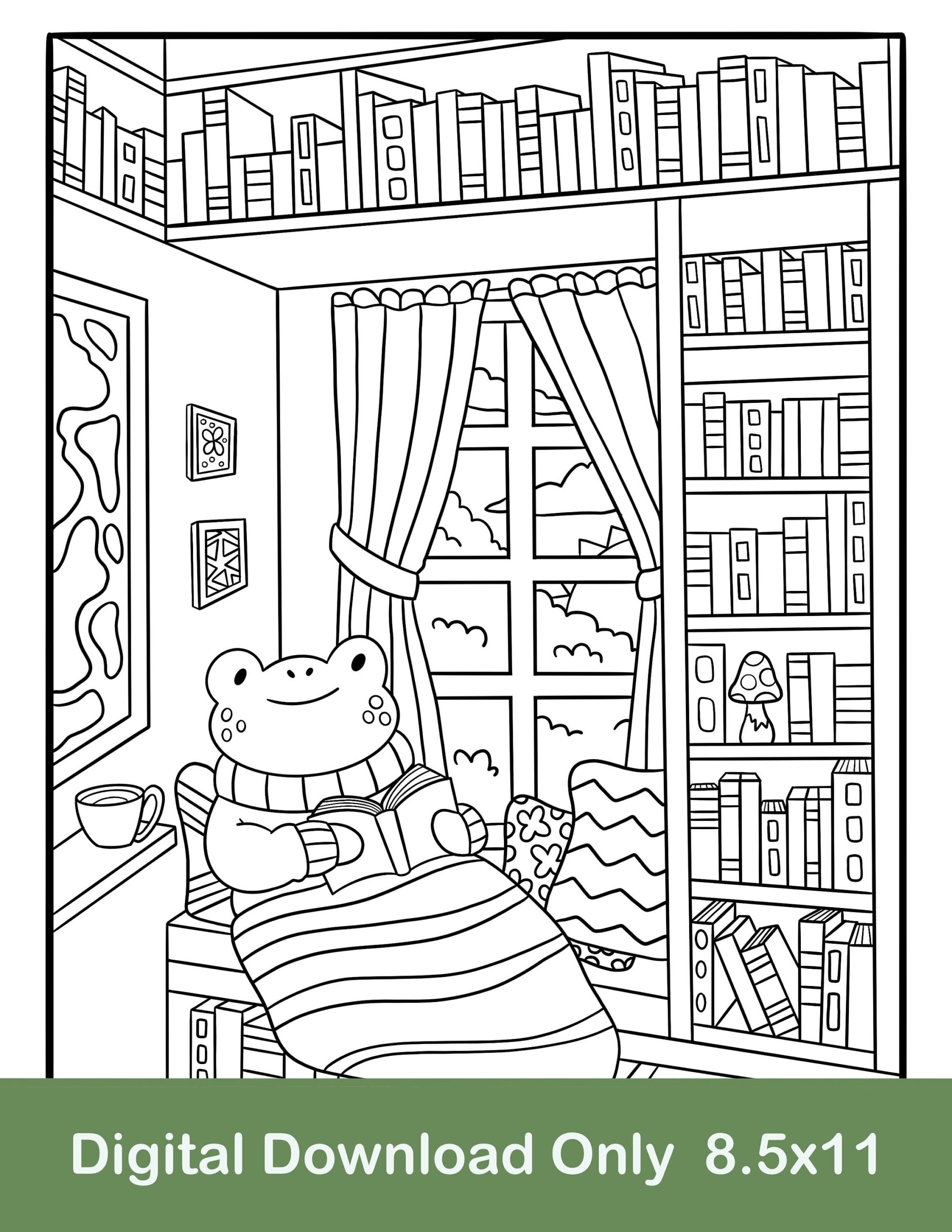 Cozy Frog Reading In Library Coloring Page digital Download Etsy