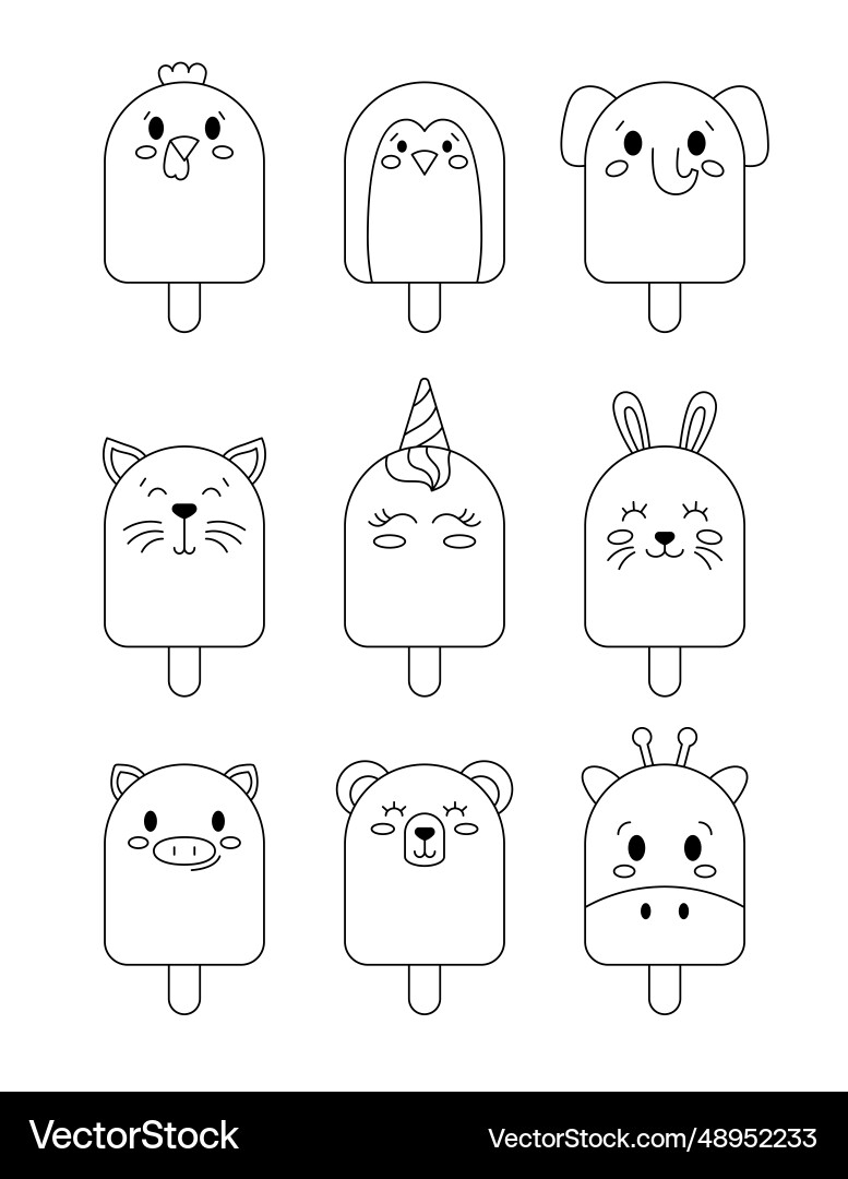 Cute Ice Cream With Animal Face Coloring Page Royalty Free Vector VectorStock
