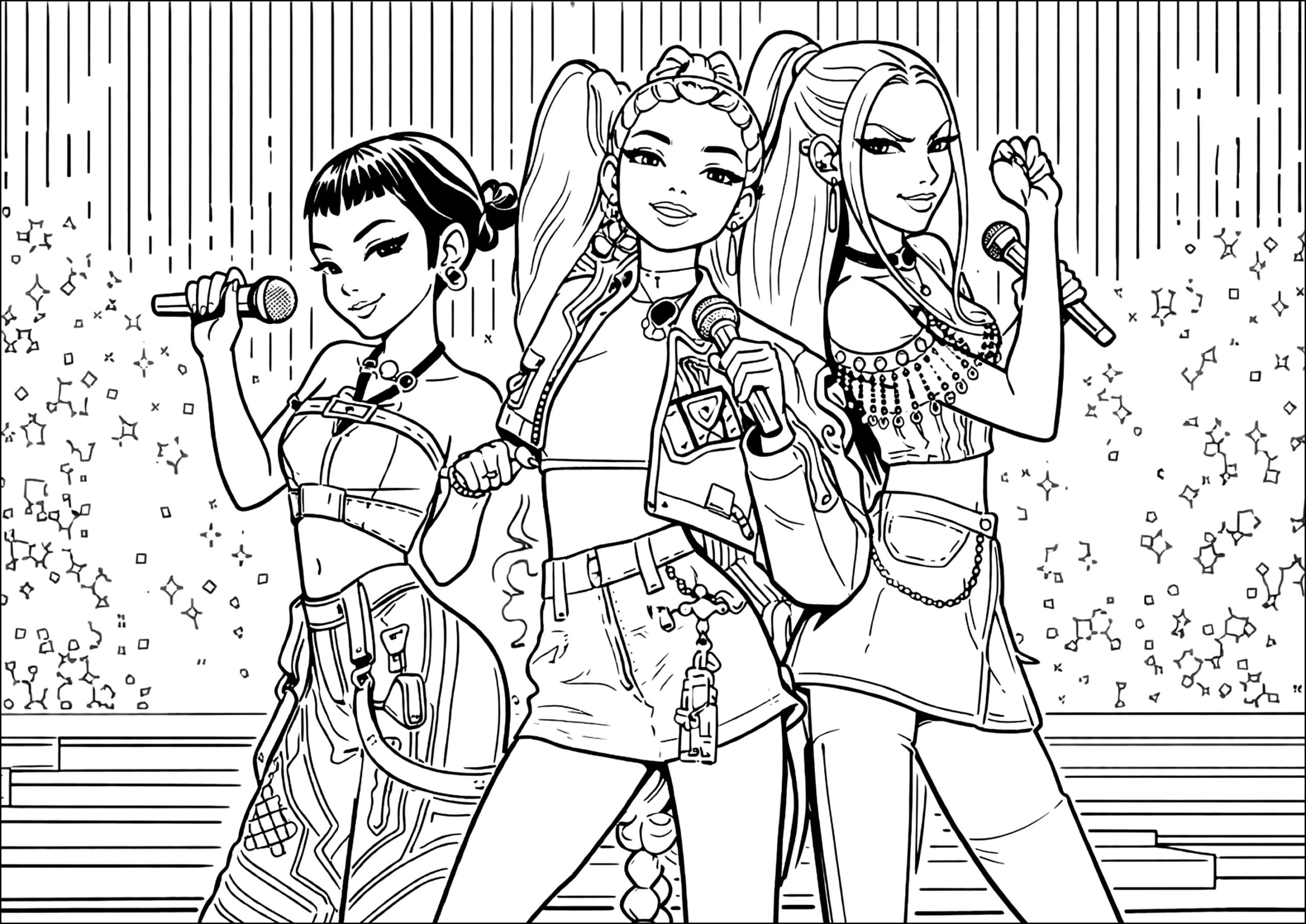 Energetic Performance By The Three Huntrx Singers K Pop Demon Hunters Coloring Pages